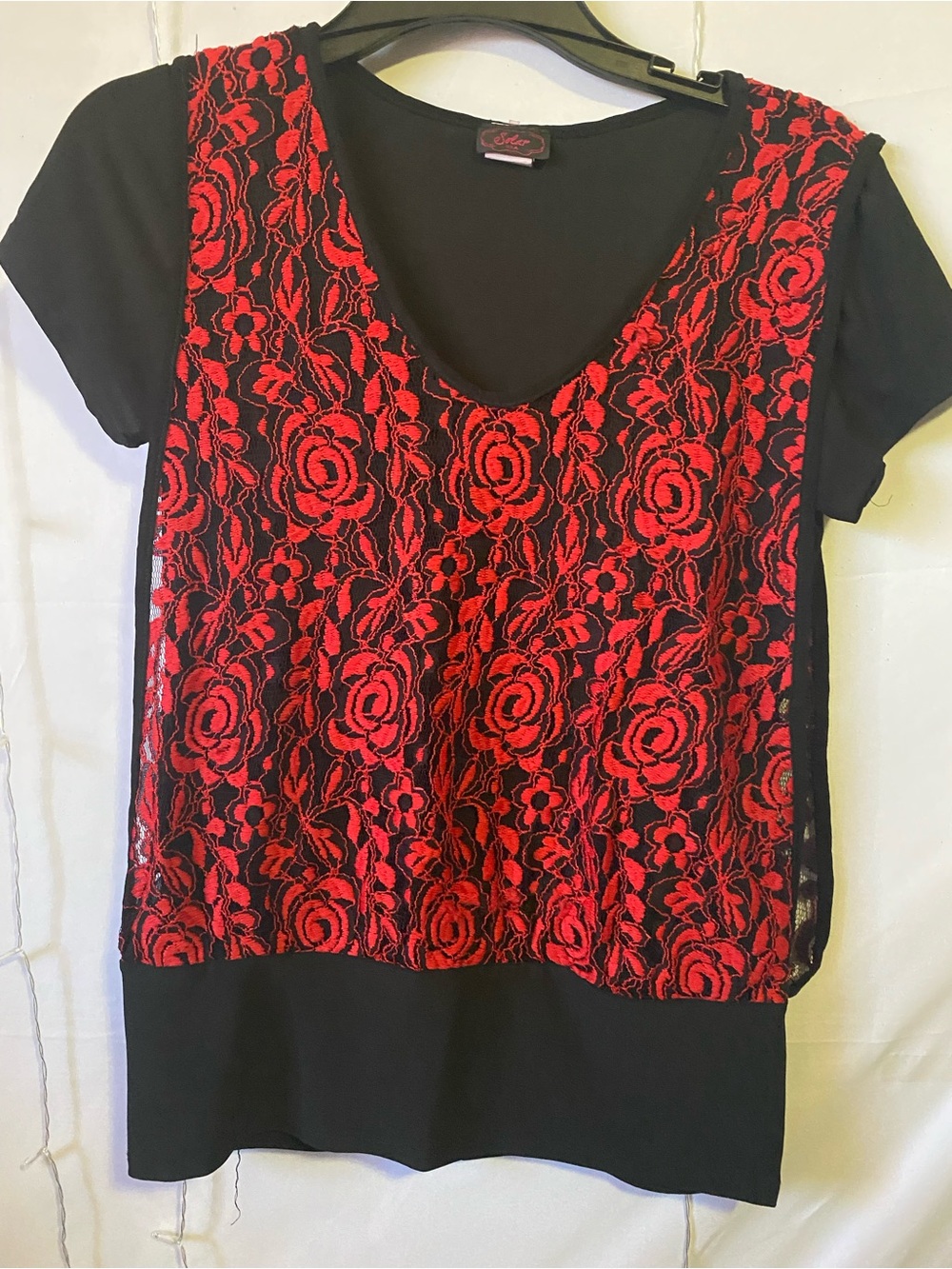 Red Lace Overlay V-Neck Women's Top